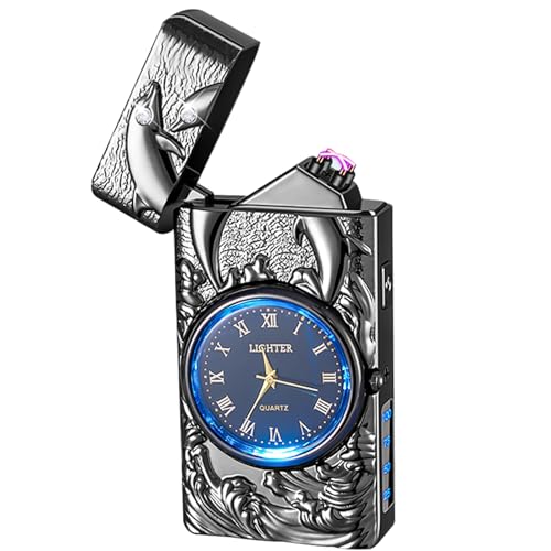 BYZESTY Mechero eléctrico de arco eléctrico, encendedor de plasma, encendedor eléctrico con delfín, recargable por USB, encendedor con reloj y función de iluminación LED para hombres y mujeres
