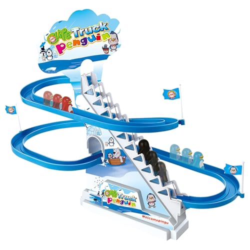 ARSUK Playful Penguin Race Game, Roller Coaster Musical Toy Track Playset with Music & LED Flashing Lights On/Off Button for Toddlers and Kids Gift