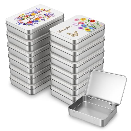Goodma 12 Pack Empty Rectangular Silver Metal Tins Storage Organizer Gift Boxes with Thank You & Flowers Image Pattern on the Lid, 4.5 x 3.3 x 0.9 inch