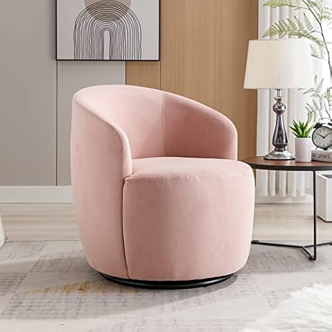 MYEYPEL 25.6" 360° Swivel Chairs,Velvet Swivel Chairs,Upholstered Barrel Chair,Black Powder Coating Metal Ring,for Living Room,Bedroom,Reading Room,Offices,Lounge,Pink Cover
