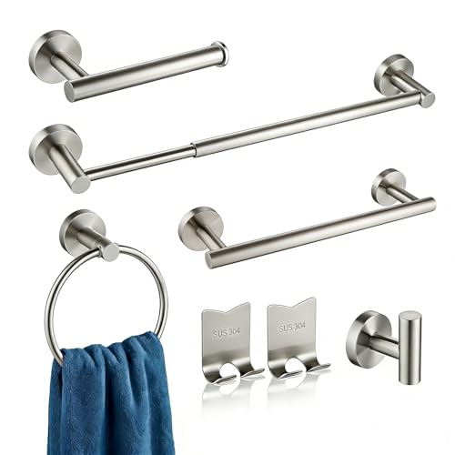 7-Piece Bathroom Hardware Set Brushed Nickel, Stainless Steel Bath Accessories Kit with 12"，24" Towel Bars & Robe Hooks，Toilet Paper Holder - Modern Rustproof Towel Rack Set for Bathroom Remodel