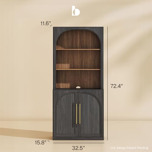 BELLEZE Storage Cabinet with Hutch Set of 2, 72\" Tall Modern Wood Sideboard with 3-Tier Shelves, Curved Styling Door Cabinet Curio Cabinet for Office, Study, Kitchen, Living Room, Ebony