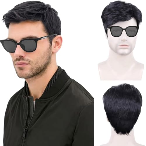 TSHAOUN Peluca Negro Corta para Hombre, Postizo de Chico con Banda, Peluca Punk Rock para Fiesta y Halloween (Negro)