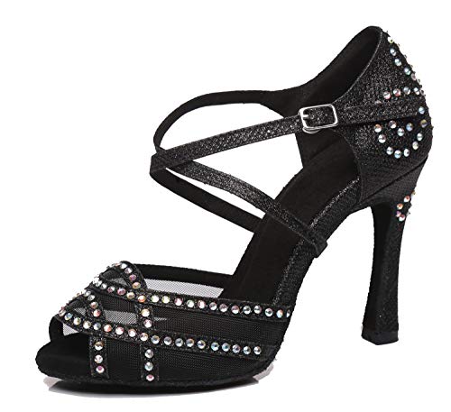 Minishion Women's Latin Salsa High Heel Beading Ankle Strap Black Dance Shoes Bridal Wedding Sandals US 6
