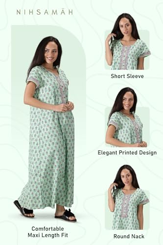 Image of NIHSAMAH Cotton Nighty for Women with Pocket, Premium Printed Long Nighty | Comfortable & Fancy Sleepwear /Nightwear