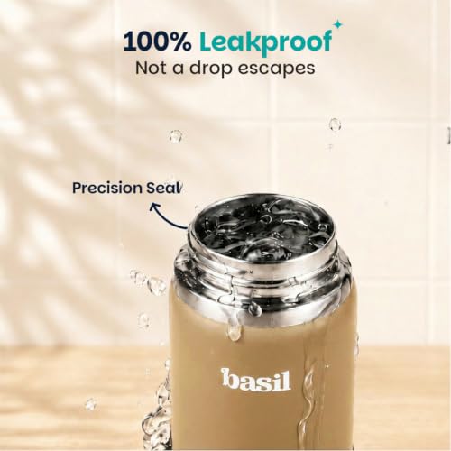 Image of Basil HydraFizz Stainless Steel Insulated Water Bottle for Kids & Adults | 800ml Leakproof Sipper Bottle with Carry Handle | Double Wall Vacuum Thermosteel Bottle for Home, Gym & Travel | Classic Dune