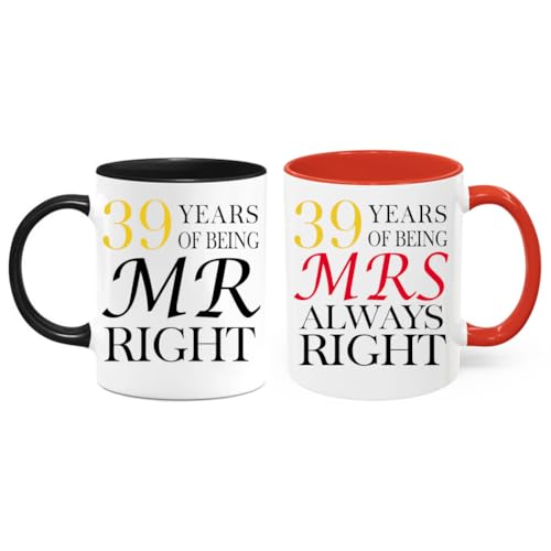 PEJAFAN 39th Wedding Anniversary for Couples, 39 Year Anniversary Coffee Mugs Set of 2 - Mr Right & Mrs Always Right Ceramic Mug Gift Set 11oz (39th)