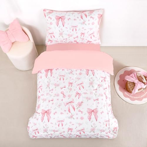 Image of Toddler Bedding Set for Girls 4 Pieces Pink Rose, Soft Breathable Toddler Comforter Set, Bow Flower Print, Includes Reversible Comforter, Fitted Sheet and Flat Sheet, Pillowcase