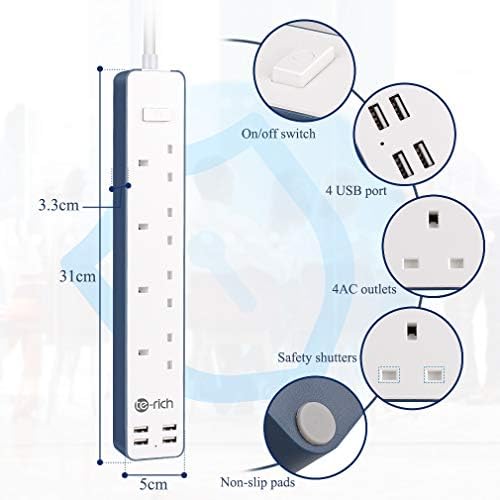 4 Way Extension Lead, Te-Rich Multi Plug Power Strip with 4 USB Slots(3.4A), Mains Switched Socket Extender for Desk Home Office Travel, Wall Mounted, 1.6 Metre Extension Cord, No Surge, 3120W/13Amp