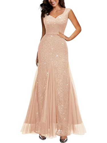 Miusol Women's Elegant V Neck Sleeveless Sequin Lace Evening Party Dress