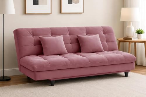 Image of Velvet 3-Seater Futon Sofa Bed with Tufted Sleeper Couch with Adjustable Backrest- Living Room Furniture-Rose-Pink-Color