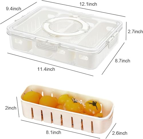Image of Divided Fridge Storage Box with 4 Compartment | Veggie Tray for Refrigerator Organizer with Lid Handle Removable Baskets | Space Saver | Fruit Storage Container