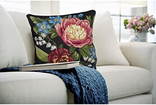 Liora Manne Marina Indoor/Outdoor Power Loomed Easy Care Pillow - Traditional Graphic Botanical Floral Accent (Secret Garden Black) (18" x 18")