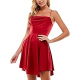 LuFeng Women's Sexy Satin Spaghetti Strap Backless Draped Asymmetric Hem Homecoming Party Mini Skater Dress Red
