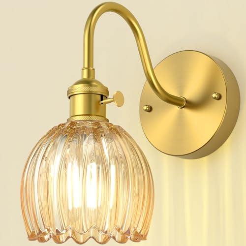 Image of Wall Sconces Lights Lamp for Bedroom Bathroom, Modern Vanity Light Fixtures, Wall Mount Lighting Vintage Tulip Amber Glass Shade for Living Room Mirror Hallway Kitchen