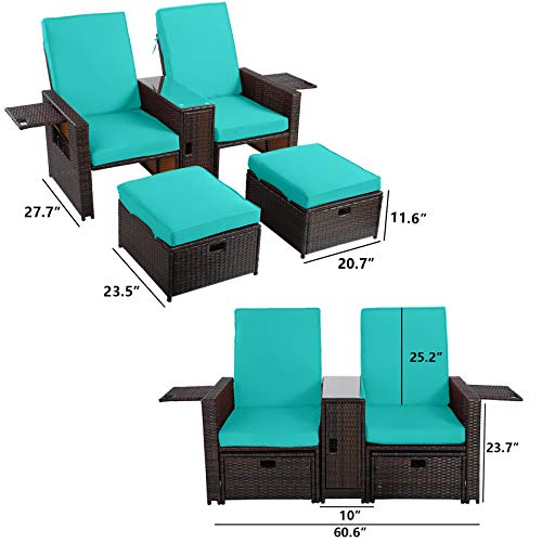 5PCS Outdoor Wicker Chaise Lounge Chair - Rattan Adjustable Reclining Patio Lounge Chair with Ottoman and Coffee Table, for Patio Beach Pool Backyard (Brown Wicker Turquoise Cushion)