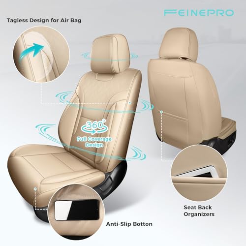 FEINEPRO Beige Car Seat Covers Full Set - Breathable Faux Leather Universal 5 Seat Covers for Cars, Automotive Protector Fit for Most Sedan SUV Pick-up Truck