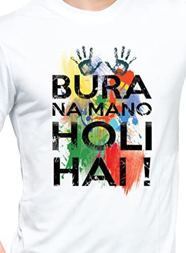 Image of Knitted Polycotton Fabric Regular Fit Men Boys Half Sleeve T-Shirt for Festival of Holi Style 1 White Size : Free