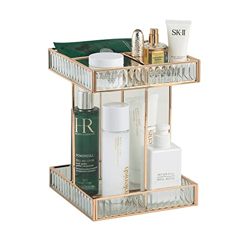 HARLIANGXY Make up Organizer, 360 Grad Rotation Kosmetik Organizer, Make up Pinsel Aufbewahrung, Beauty Organizer aus Glas, Kosmetik Aufbewahrungsbox, Spiegel Beauty Display, Pinselhalter Gold Cover