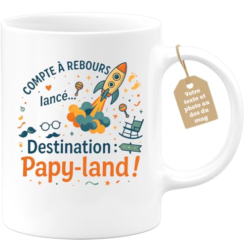 Café-Croissant - Mug Personnalisable Texte Photo Humour Annonce Naissance Papy - Compte À Rebours Lancé Destination Papy-Land - Tasse Cadeau Noël Original Drôle Futur Grand-Père Papou Pépé - Blanc/Cér