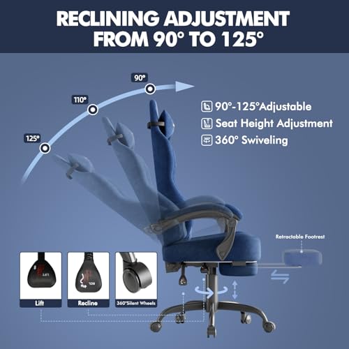 Image of Soontrans Blue Velvet Fabric Gaming Chair with Footrest, Ergonomic Comfortable Video Gamer Chair for Adult, Reclining Office Computer Desk Game Chairs with Massage Lumbar Cushion,Headrest