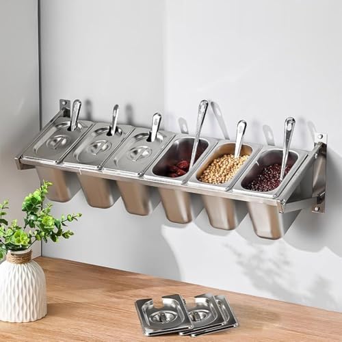 Wall-Mounted Stainless Steel Spice Rack - 6-Grid Pizza Condiment Holder, Easy-Access Ingredient Storage for Catering & Kitchen Organization