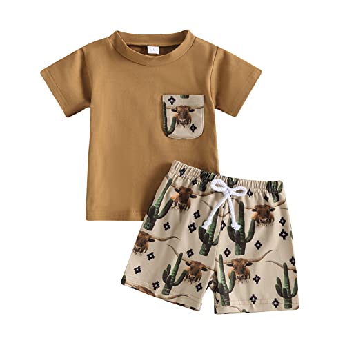 Image of Muasaaluxi Western Baby Boy Summer Clothes Cow Print Short Sleeve T-Shirt Casual Shorts Toddler Boy Outfits 0-3T