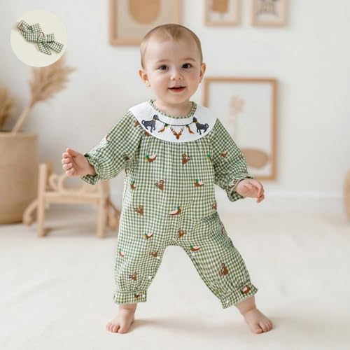 Baby Girl Hunting Outfit Mallard Duck Onesie Smocked Romper Long Sleeve Plaid Jumpsuit Headband Infant Fall Clothes3