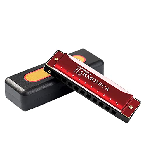 Blues Harmonica Key Of C, 10 Holes 20 Tones Mouth Organ Blues Harp With Hard Case, Diatonic Harmonica For Kids, Adults, Beginners, Professionals, Students, Birthday Gifts (Red) #TOP20