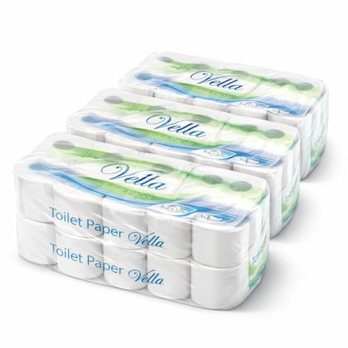 Vella Toilettenpapier 3-lagig – 72 Rollen, 250 Blatt je Rolle, extra weich & reißfest, 100% Zellstoff, Weiß