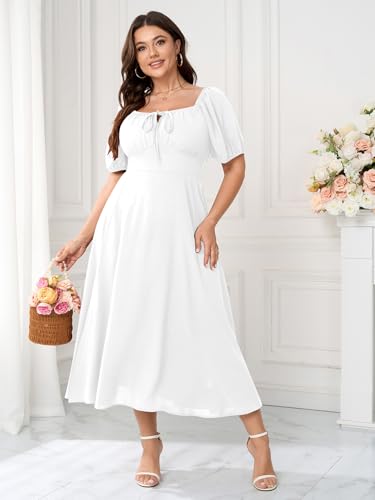 Women's Plus Size Summer Dress Short Sleeve Square Neck Milkmaid Dress Tie Front Split A-Line Maxi Long Dresses4