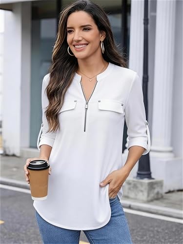 Image of Bulotus 3 /4 Length Sleeve Womens Striped Tops Zipper V Neck Collared Blouses Business Casual Tunics 2026 Spring Trendy