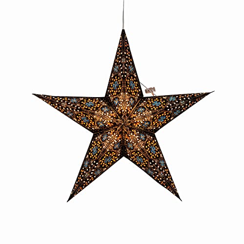 Image of Artschatz Cathedral Paper Lantern Star Light - 5 Point O 15 inch - Black /Turquoise with Blue /Orange Tissue Inlay