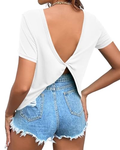Cicy Bell T-Shirt à Manches Courtes pour Femme - Col en V - Crop Top Sexy Twist - Dos Nu - T-Shirt d'été Basique - Couleur Unie - Y2K - Haut Ample et...
