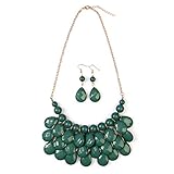 RIAH FASHION Chunky Acrylic Jewel Cluster Floating Bubble Statement Necklace - Teardrop Dangle Layered Bib Collar (Dark Green)