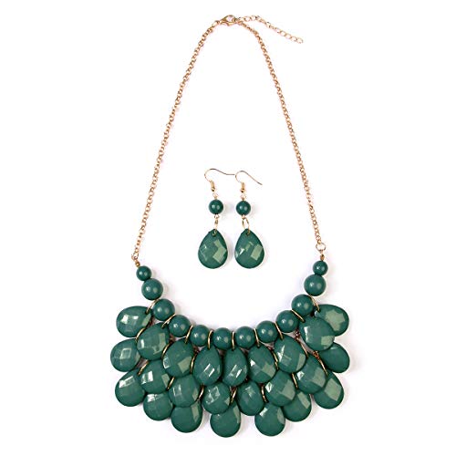 RIAH FASHION Chunky Acrylic Jewel Cluster Floating Bubble Statement Necklace - Teardrop Dangle Layered Bib Collar (Dark Green)