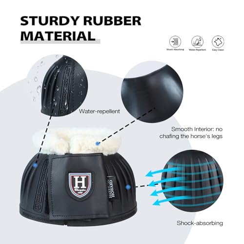 Image of Harrison Howard Rubber Pull-on Bell Boots with Fleece Lining and Extra-Large Leather Touch-Close Tape Hoof Overreach Protection for Horses Sold in Pairs Black L