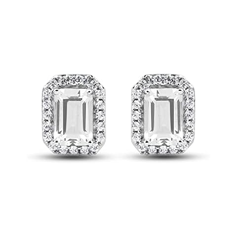 Jewelili Stud Earrings Sterling Silver with 6X4 MM Octagonal and 1 MM Round Cut Created White Sapphire Cover