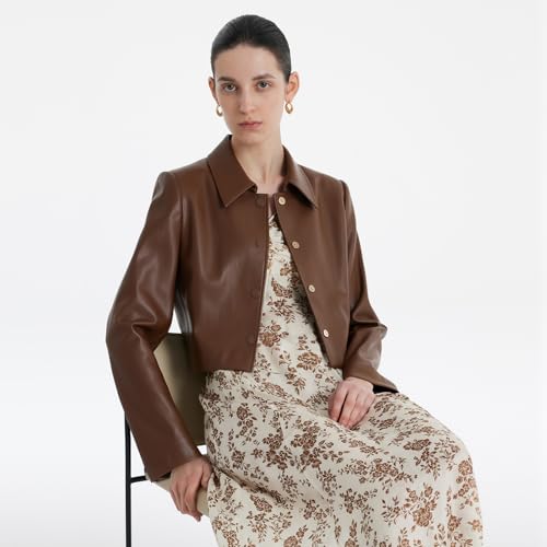Cropped Leather Jacket Women Turndown Collar Button Up Casual Faux Leather Blazer Jackets3