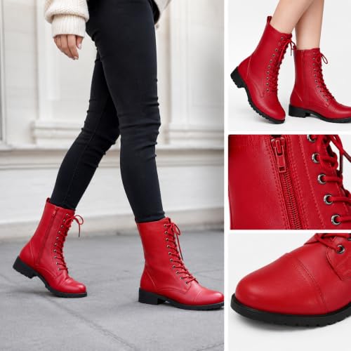 Image of Forever Link Womens Round Toe Military Lace Up Knit Ankle Cuff Low Heel Combat Boots