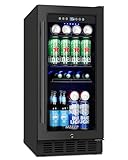 MZAVP 15 Inch Beverage Cooler Refrigerator, 15' Beverage Cooler Under Counter 130 Cans Beverage Fridge with Glass Door, Freestanding or Built-In Mini Drinks Fridge with Lock for Soda, Beer, Black