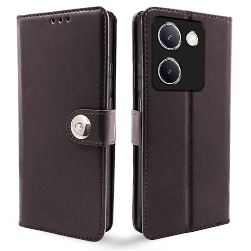 Image of Pikkme Vivo Y200 Pro 5G Flip Cover Leather Finish | Inside TPU with Card Pockets | Wallet Stand and Shock Proof | Complete Protection Button Flip Case (Coffee)
