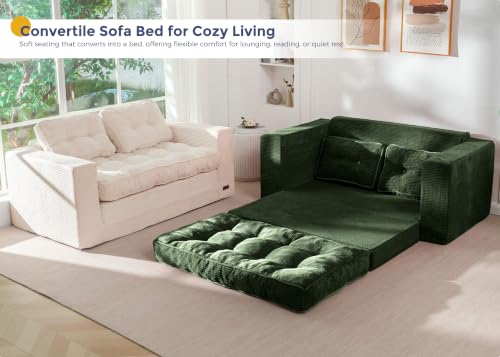 Image of MAXYOYO Convertible Sofa Bed, Pull Out Loveseat Sofa Couch, 2 in 1 Folding Couch Bed, Fold Out Floor Couch with Pillows for Living Room Bedroom Lounge, Dark Green