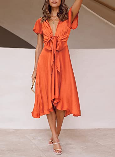 Image of miduo Womens Satin V Neck Ruffle Short Sleeve Tie Front High Waist Midi A-Line Maxi Dresses
