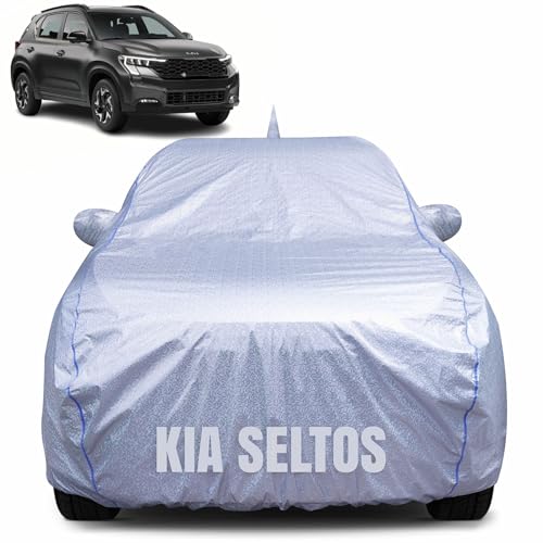 Image of 100% Waterproof Car Body Cover for Kia Seltos (2019-2024) with Mirror Pocket, Heat & UV Resistant, Triple Stitched, Soft Lining, Bottom Elastic & Piping (Silver Reflective)