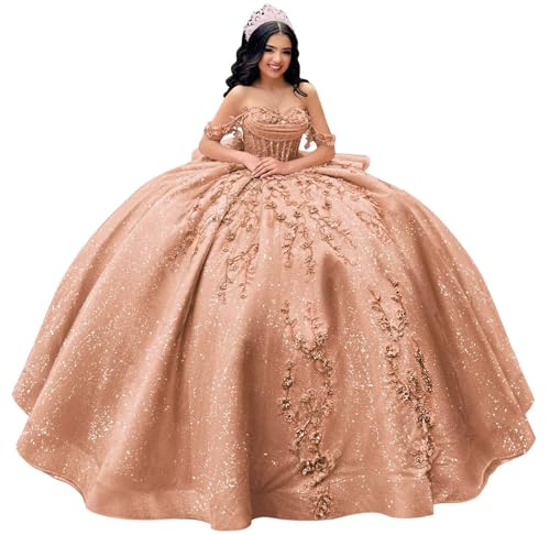 KPDFIF Rose Gold Quinceanera Dresses with Train Glitter Beaded 3D Floral Ball Gown with Ruffle Lace Applique Vestidos De 15 Size 16