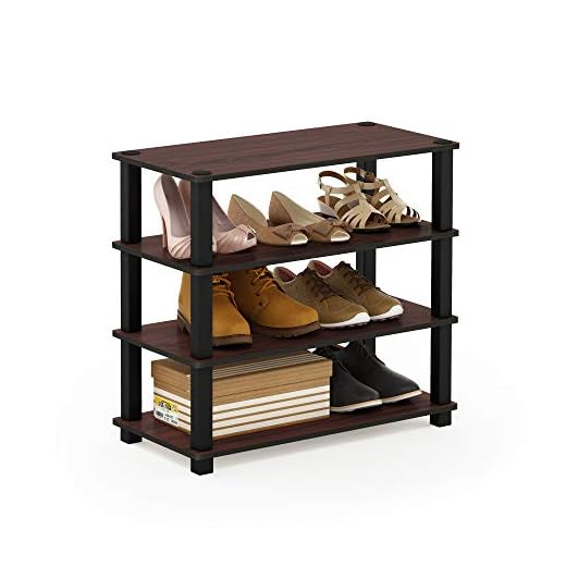 FURINNO Turn-S-Tube 4-Tier Shoe Rack, Single, Dark Cherry/Black