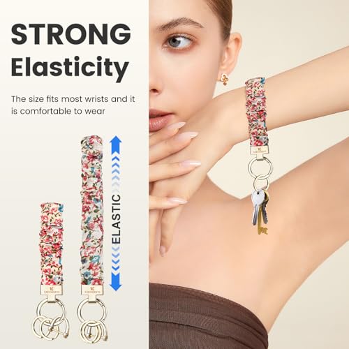 Image of Scrunchie Keychain Wristlet, Key Chain for Car Keys with D Ring, Stretchy Phone Charms with Tether Tab for Women.