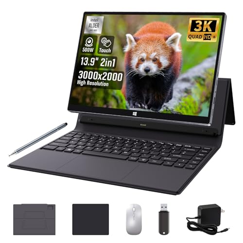 BINTEC 13,9'' 2 in 1 laptops,Convertible Touchscreen Tablet，in tel N95 (up to 3.4 GHz),16GB RAM 512 SSD,3K (3000 * 2000) IPS Touchscreen, Tablets with Keyboard,USB*2,BT5.0, (Silver, 16GB+512GB)