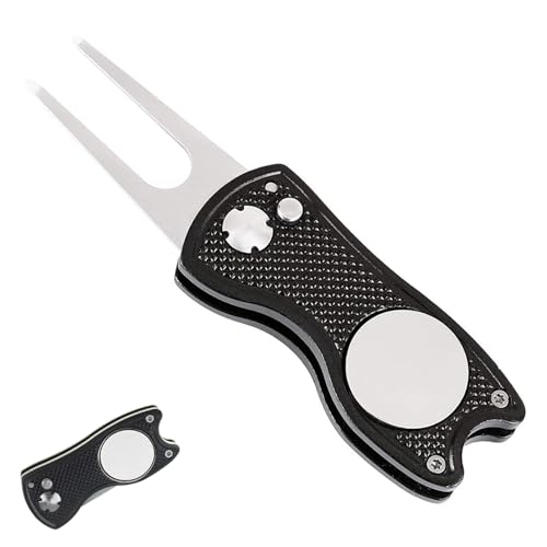 Funngy Golf Reparatur Pitchgabel,Pitchgabel Golf Set Edelstahl Faltbare Divot Reparaturgabel mit Magnetischem Ballmarker Pop-up-Taste und Double Prong Tragbares Golf Zubehör für Green und Platz